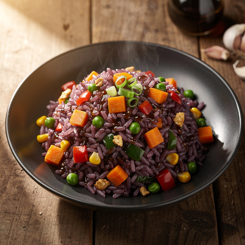 Purple,Rice,Fried,Rice,Ingredients:,Cooked,Purple,Rice,,Veggies,,Soy