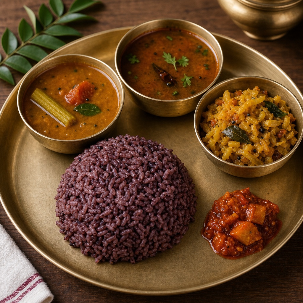 Traditional,Purple,Rice,Meal,Ingredients:,Cooked,Purple,Rice,,Sambar/rasam,,Curry,